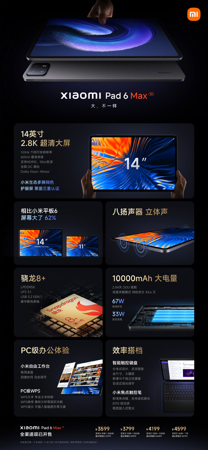 XIAOMI PAD 6 PRO  Snapdragon 8+ Gen1 + Tela 2.8K com 144Hz e