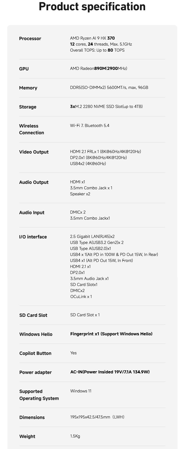 Especificações completas do mini PC para jogos (Fonte da imagem: Minisforum)