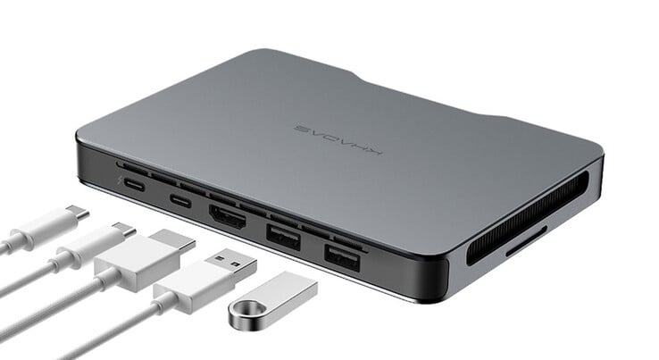 Traseira: 1x Thunderbolt 4 (40 Gbps), 1x USB4 (40 Gbps), 1x HDMI 2.0 (18 Gbps), 2x USB-A 3.2 Gen2 (10 Gpbs) (fonte: Khadas)