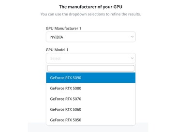 GPUs da série RTX 50 na página da web da calculadora de potência da Seasonic (Fonte: Seasonic)