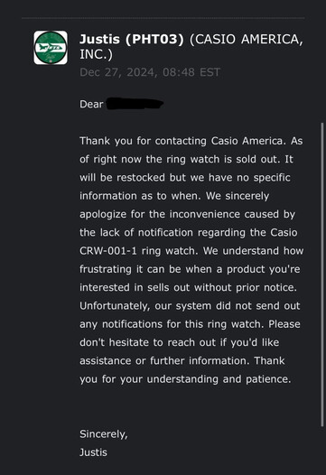 Correspondência por e-mail da Casio America. (Fonte da imagem: u/Temporary_Airline_58 via Reddit)