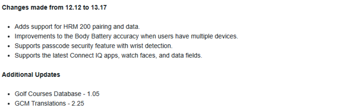 As notas de lançamento da versão 13.17 do software para os smartwatches Garmin Venu 3 e vivoactive 5. (Fonte da imagem: Garmin)