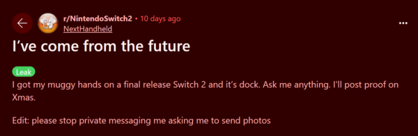 Pelo menos um usuário anônimo no Reddit afirma já ter um Switch 2 em mãos, prometendo compartilhar detalhes no dia de Natal. (Fonte da imagem: Reddit)