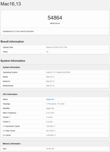 Pontuação da GPU do M4 MacBook Air no Geekbench (fonte da imagem: Geekbench)