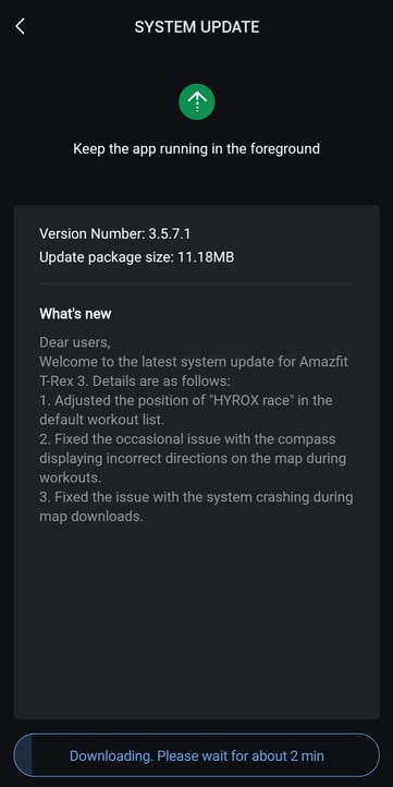 As notas de lançamento da versão 3.5.7.1 do firmware para o smartwatch Amazfit T-Rex 3. (Fonte da imagem: u/Ech0ke via Reddit)