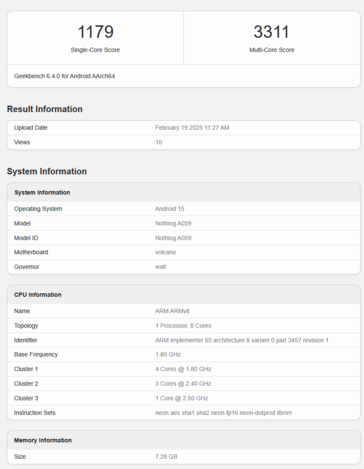 Listagem do Geekbench do Nothing Phone 3a (fonte da imagem: Geekbench)