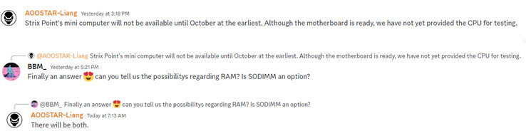 Sobre os próximos mini PCs Strix Point (Fonte da imagem: AOOSTAR Discord)