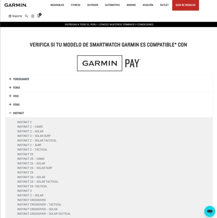 Uma captura de tela do site da Garmin Peru confirmando os smartwatches Instinct 3 e Instinct 3 Solar. (Fonte da imagem: Garmin)