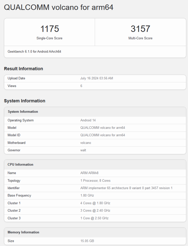 A listagem do Geekbench para o Snapdragon 7s Gen 3 também revela as pontuações dos testes single e multi-core, 1.157 e 3.157, respectivamente. (Fonte: Geekbench)