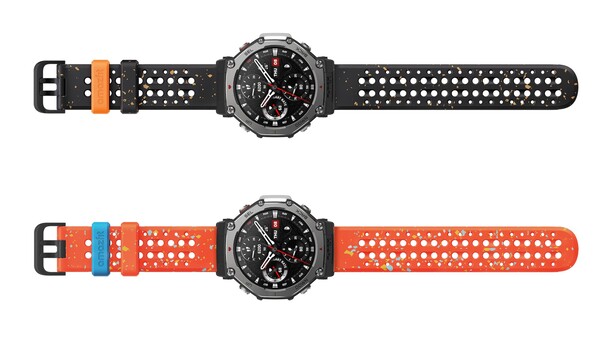 O Amazfit T-Rex 3 está disponível nas cores Onyx e Lava, com alças opcionais recicladas nas mesmas cores. (Fonte da imagem: Amazfit)