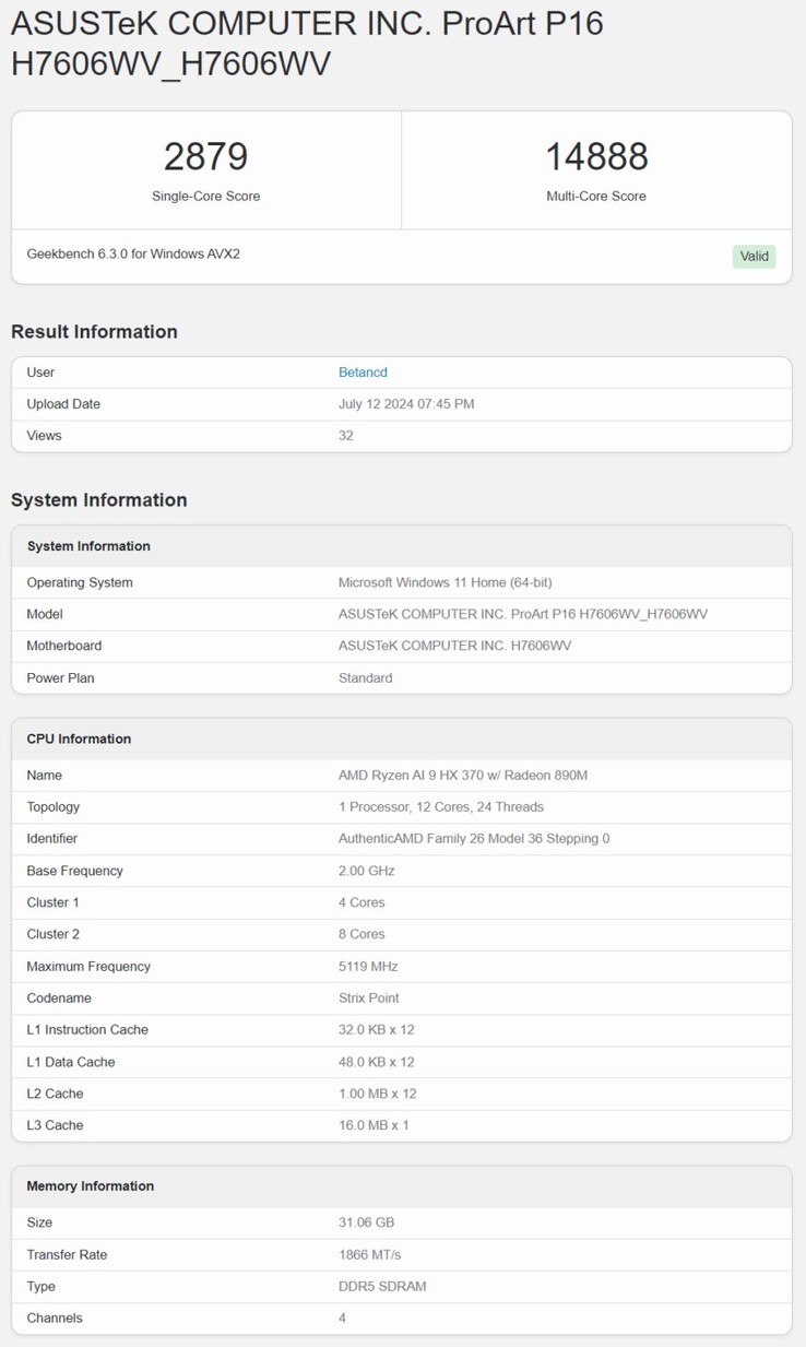 Resultado do Geekbench 6 do Ryzen AI 9 HX 370. (Fonte da imagem: Geekbench)