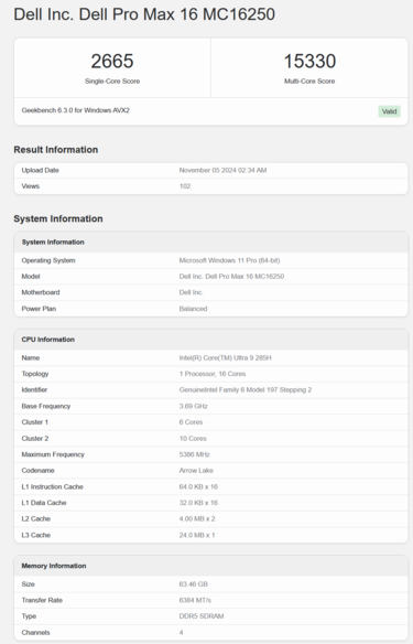 Desempenho do Intel Core Ultra 9 285H no Geekbench (fonte da imagem: Geekbench)