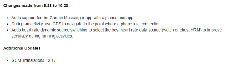O registro de alterações da versão 10.20 do firmware. (Fonte da imagem: Garmin)