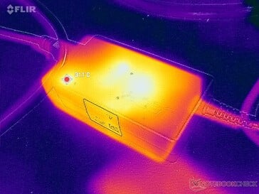 O adaptador CA atinge mais de 31 °C sob carga