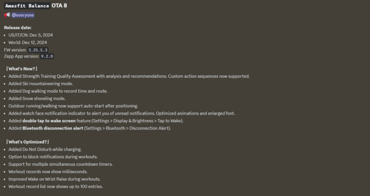 O registro de alterações da atualização OTA 8 do Amazfit Balance. (Fonte da imagem: Zepp Health)