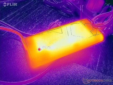 O adaptador CA atinge mais de 52 °C ao operar cargas exigentes