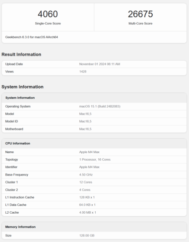 Apple Desempenho da CPU no Geekbench do M4 Max (fonte da imagem: Geekbench)