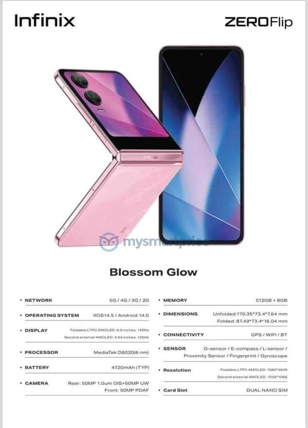 O Infinix Zero Flip em Blossom Glow (Fonte da imagem: MySmartPrice)