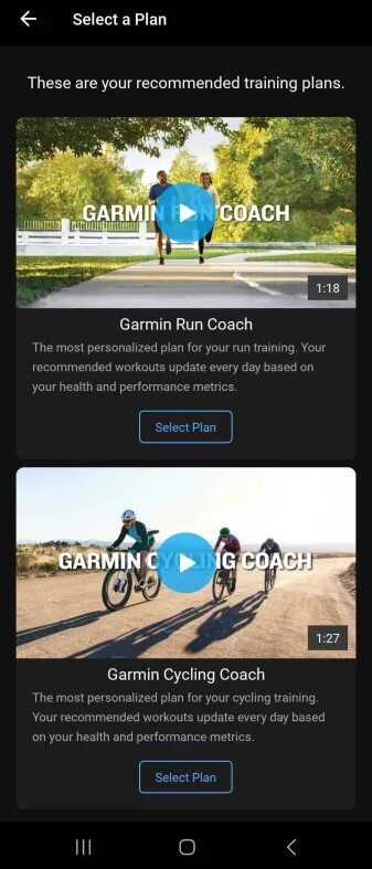 Uma captura de tela das novas ferramentas do Garmin Coach no aplicativo Garmin Connect. (Fonte da imagem: Garmin)