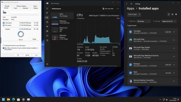 15 GB de armazenamento, 2 GB de RAM usados, 80 processos e apenas 7 aplicativos. A forma como o Windows 11 deve ser entregue fora da caixa. (Fonte da imagem: Own)