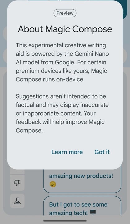 O recurso Magic Compose do aplicativo Google Messages em execução no modelo Gemini Nano. (Fonte da imagem: Android Authority)