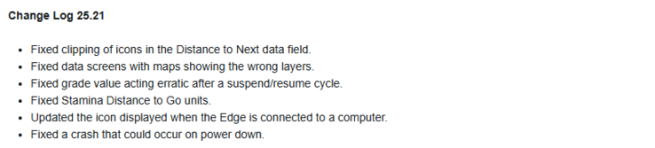 O registro de alterações da versão beta 25.21 dos ciclocomputadores Garmin X40 Edge. (Fonte da imagem: Garmin)