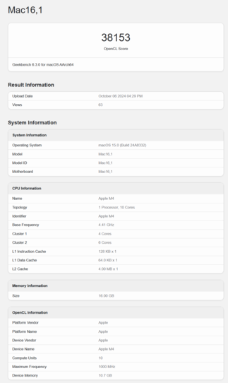 Apple Desempenho da GPU do M4 (fonte da imagem: Geekbench)