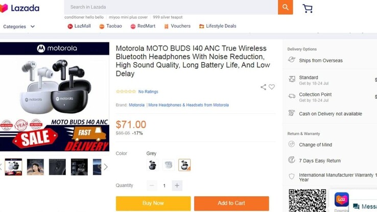 Listagem do Moto Buds I40 no site de Cingapura, Lazada (Fonte: Lazada)