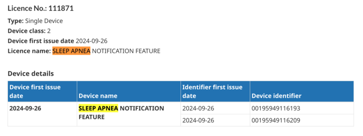 A listagem de licenças ativas da integração do recurso de apneia do sono no site da Health Canada. (Fonte da imagem: Health Canada)