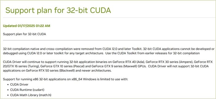 Aviso da Nvidia sobre o futuro do suporte a CUDA de 32 bits. (Fonte da imagem: Nvidia)