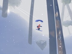 Na foto: Personagem do jogador voando de parapente em uma floresta densa durante uma nevasca. (Fonte: captura de tela de Sno: Ultimate Freeriding, do Studio Gauntlet)