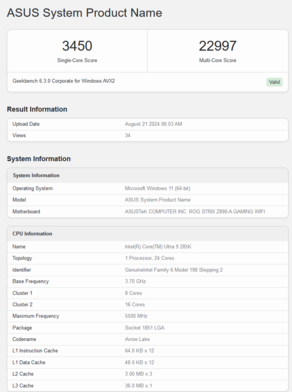 Pontuação do Intel Core Ultra 9 285K no Geekbench (fonte da imagem: Geekbench)