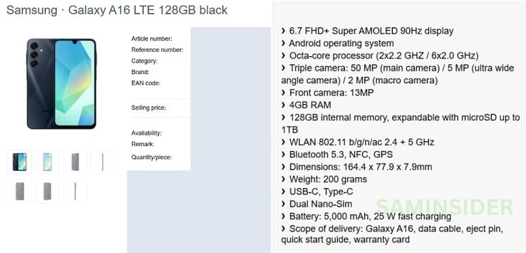 Um suposto detalhamento completo das especificações do Galaxy A16...