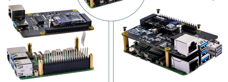 O SSD é conectado via PCIe e o módulo de rede via USB.