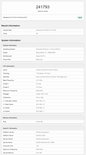 Listagem do Geekbench do Razer Blade 18 (fonte da imagem: Geekbench)