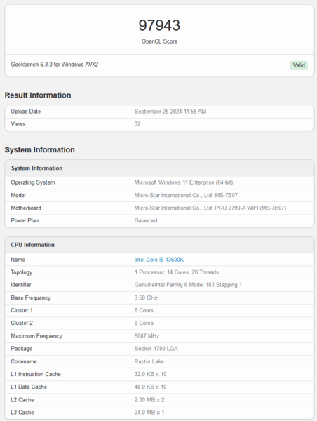 Desempenho da GPU Intel Battlemage no Geekbench (fonte da imagem: Geekbench)