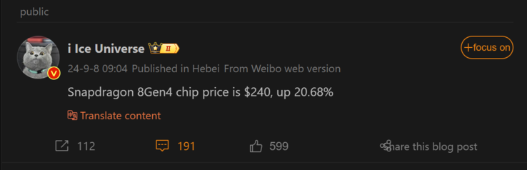 O último relatório do Ice Universe sobre o Snapdragon 8 Gen 4 (Fonte da imagem: Weibo - tradução automática)