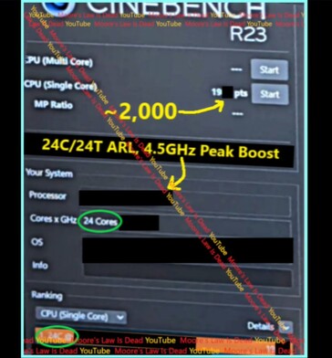 Arrow Lake Single-Core Cinebench R23 (Fonte da imagem: Moore's Law Is Dead no YouTube)