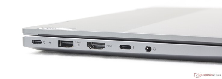 Esquerda: USB-C com PD 3.0 + DisplayPort 1.4 (10 Gbps), UAB-A (5 Gbps), HDMI (4K60), USB-C com Thunderbolt 4 + PD + DP 1.4, fone de ouvido de 3,5 mm