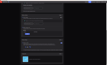 Configurações adicionais de energia e comportamento de carregamento