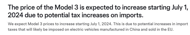 A Tesla também está alertando os compradores do Modelo 3 na Europa para que façam a entrega antes que as novas tarifas entrem em vigor