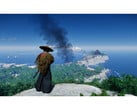 Uma foto de paisagem de Ghost of Tsushima mostrando Jin em pé em uma montanha com vista para a ilha. (Fonte da imagem: Steam)