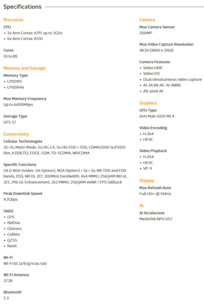 Especificações do MediaTek Dimensityu 7350 (fonte da imagem: MediaTek)