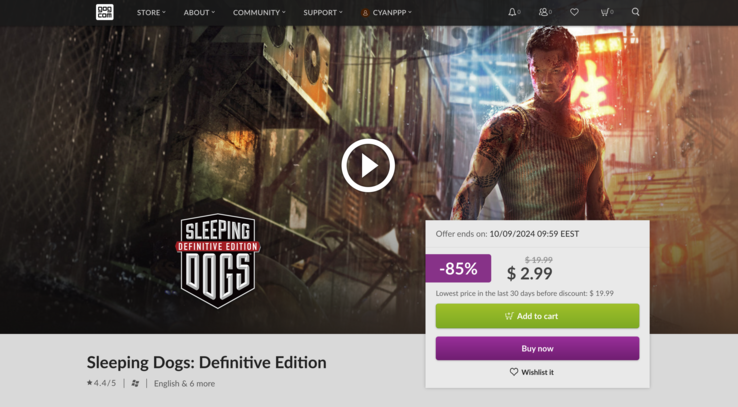 Sleeping Dogs: Definitive Edition custava 19,99 euros antes de ter seu preço reduzido para 2,99 euros. (Fonte da imagem: GOG)