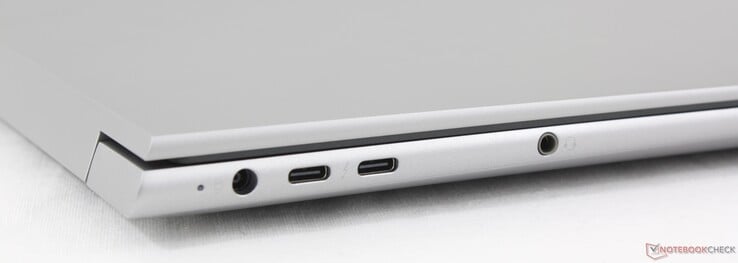 Esquerda: Fonte de alimentação, 2x USB-C 4.0 com Thunderbolt 4 (40 GBit/s, DisplayPort-ALT 1.4), estéreo de 3,5 mm