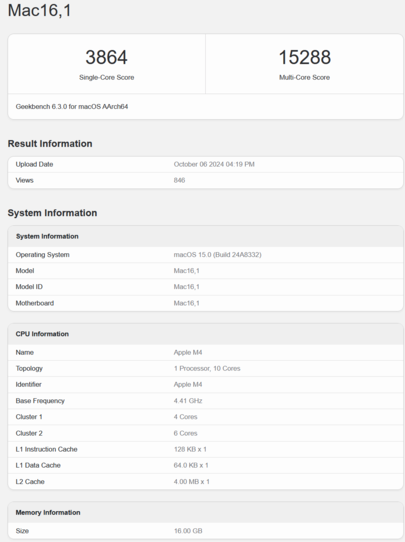 Apple Desempenho da CPU do M4 (fonte da imagem: Geekbench)