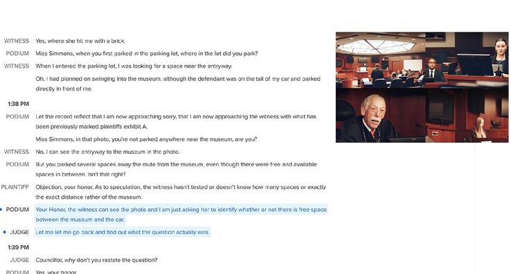 O FTR RealTime cria automaticamente transcrições de todos os oradores durante um julgamento em tribunal, sincronizadas com as gravações de áudio e vídeo. (Fonte: FTR)