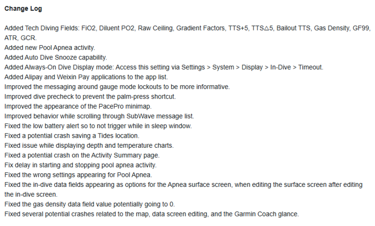 O registro de alterações da versão 19.49 do software para os wearables da série Garmin Descent Mk3. (Fonte da imagem: Garmin)