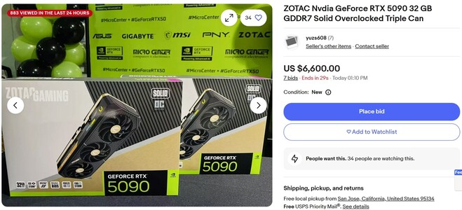 Licitação da RTX 5090 em andamento. (Fonte da imagem: eBay)