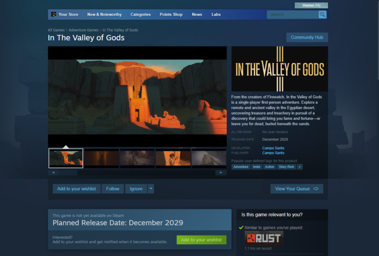 'In the Valley of Gods' tem data de lançamento prevista para dezembro de 2029 no Steam. (Fonte da imagem: Steam)